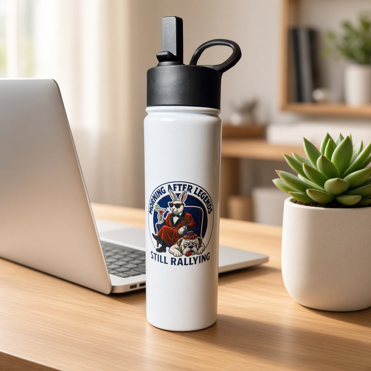 White double-sided Hare of the Dog insulated water bottle with flip-top straw lid and carry loop