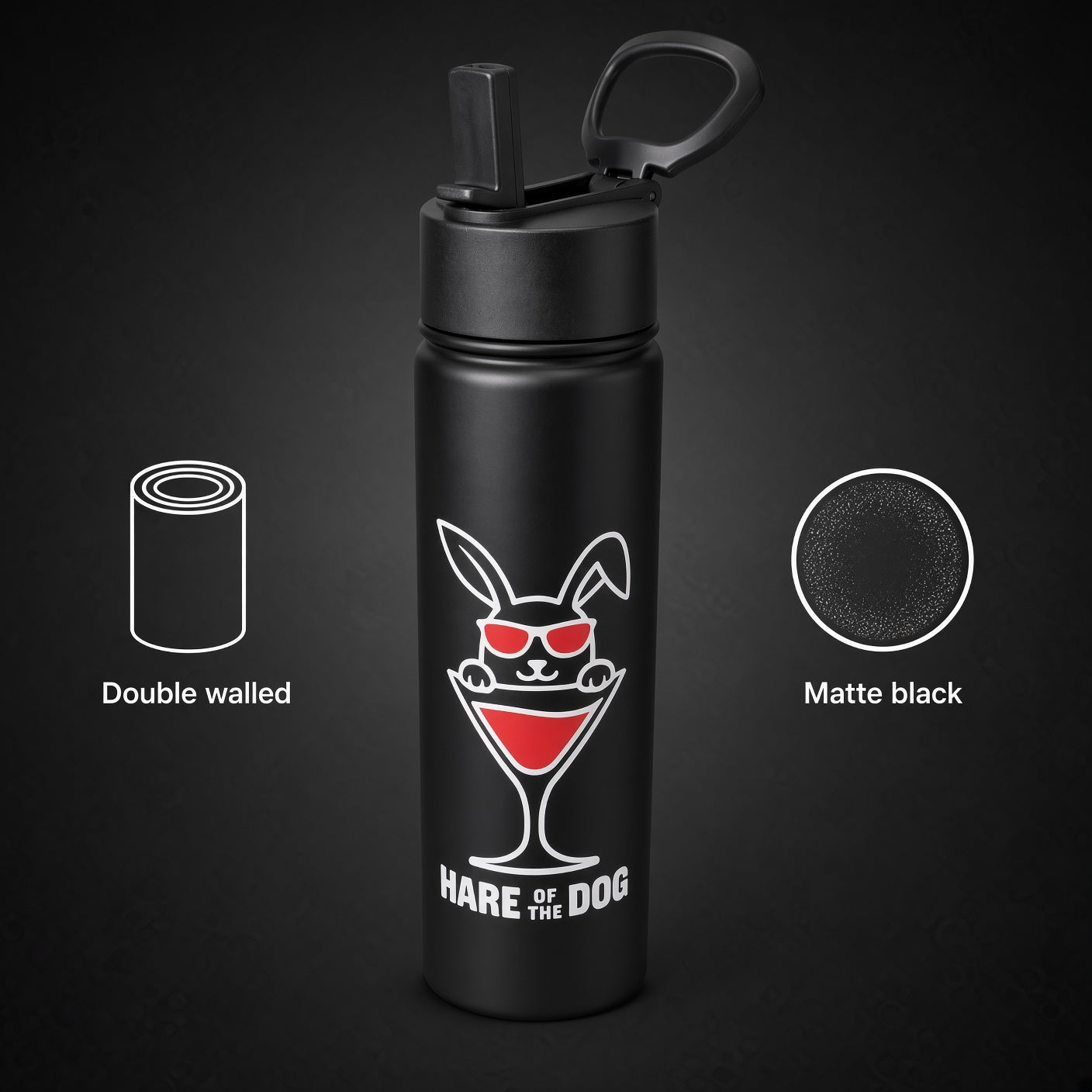 Black Hare of the Dog insulated water bottle with flip-top straw lid and carry loop