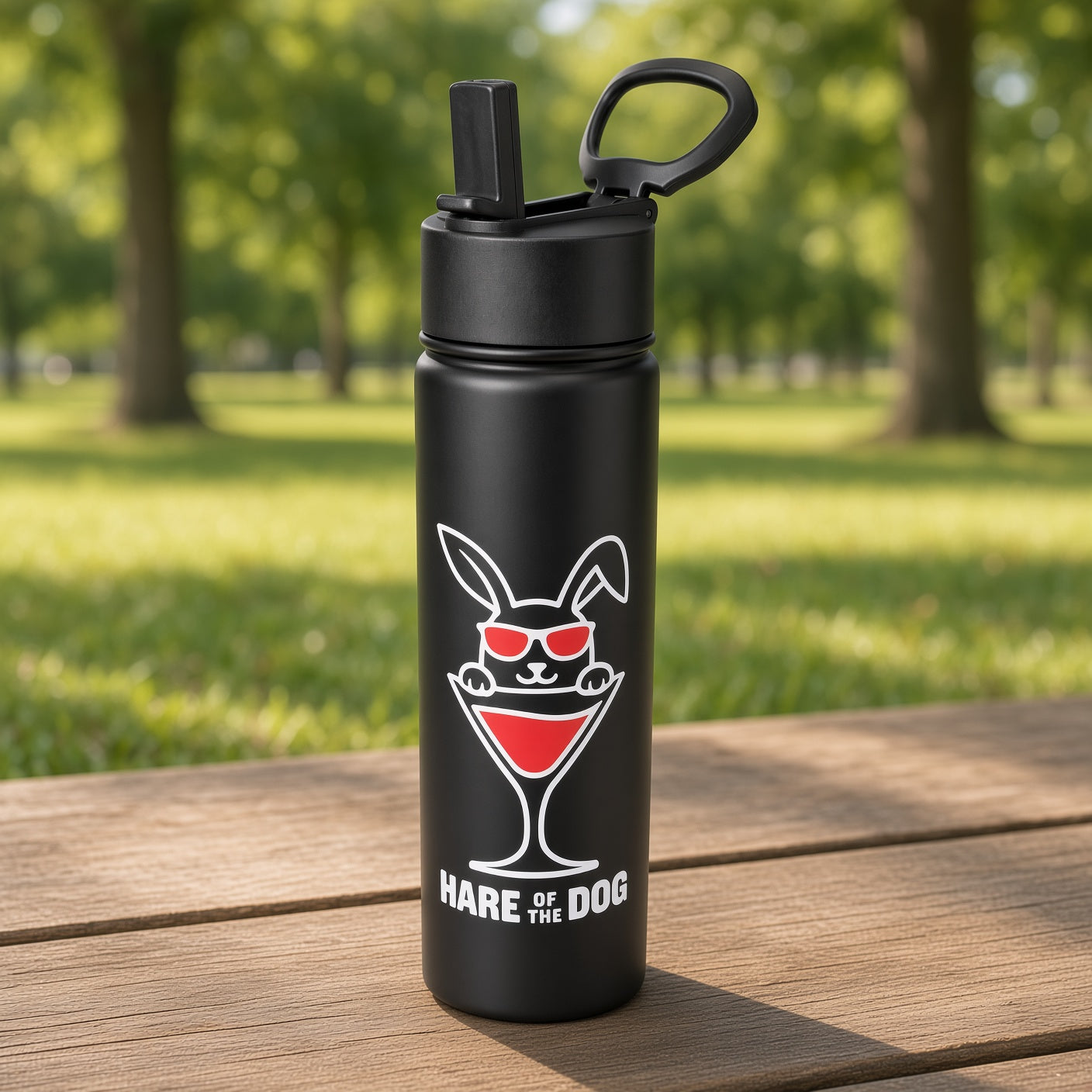 Black Hare of the Dog insulated water bottle with flip-top straw lid and carry loop