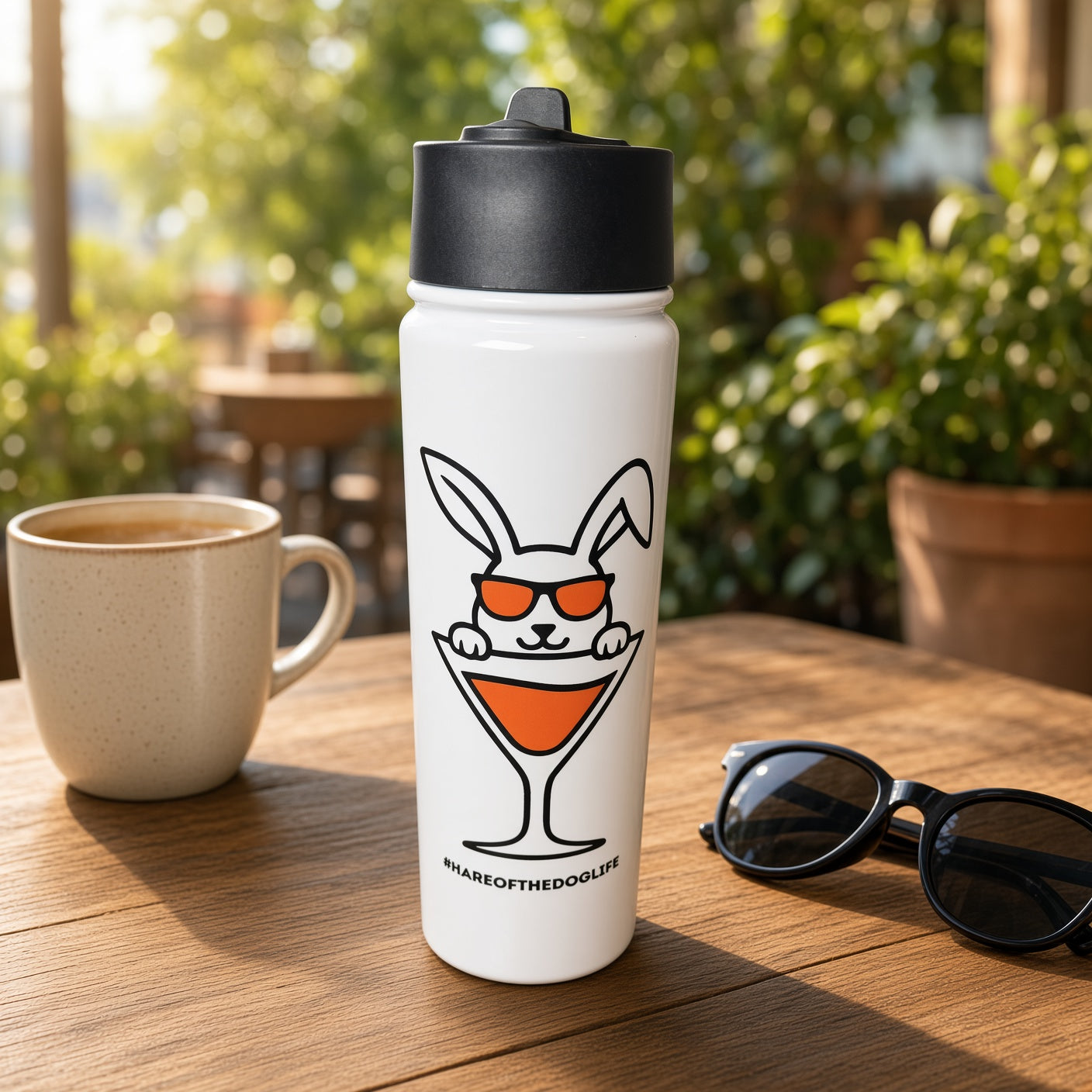 White Hare of the Dog insulated water bottle with flip-top straw lid and carry loop