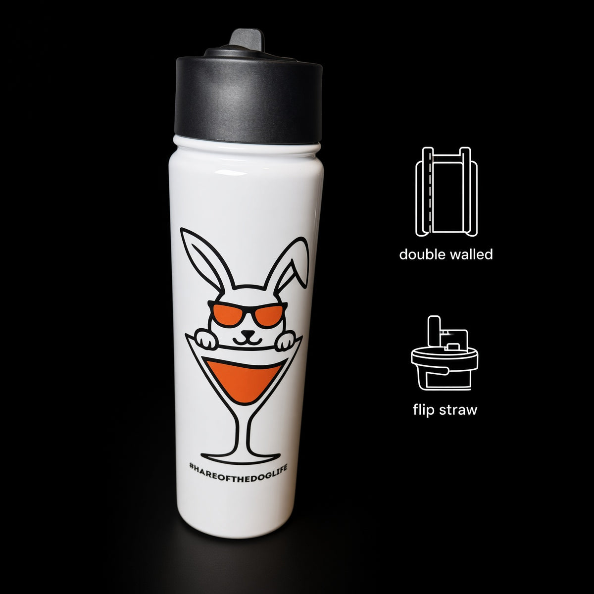 White Hare of the Dog insulated water bottle with flip-top straw lid and carry loop