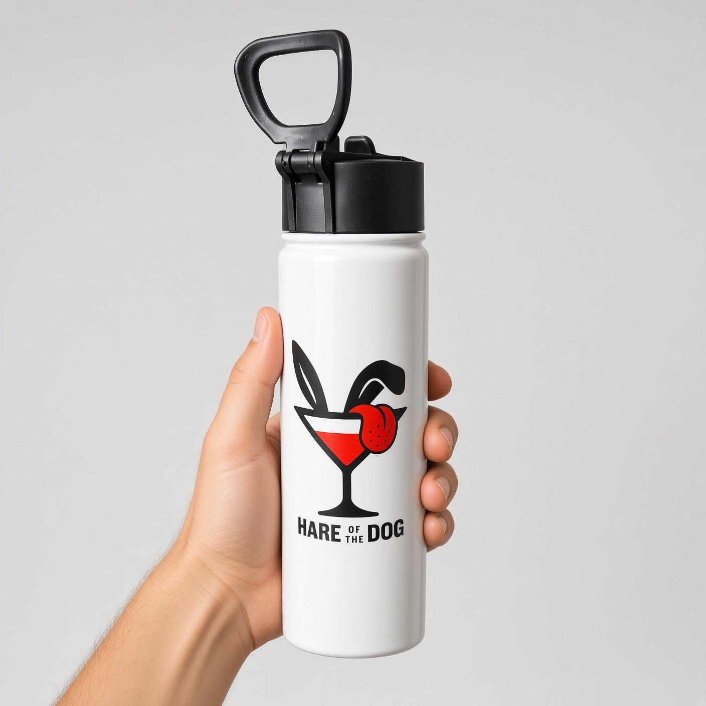 White double-sided Hare of the Dog insulated water bottle with flip-top straw lid and carry loop