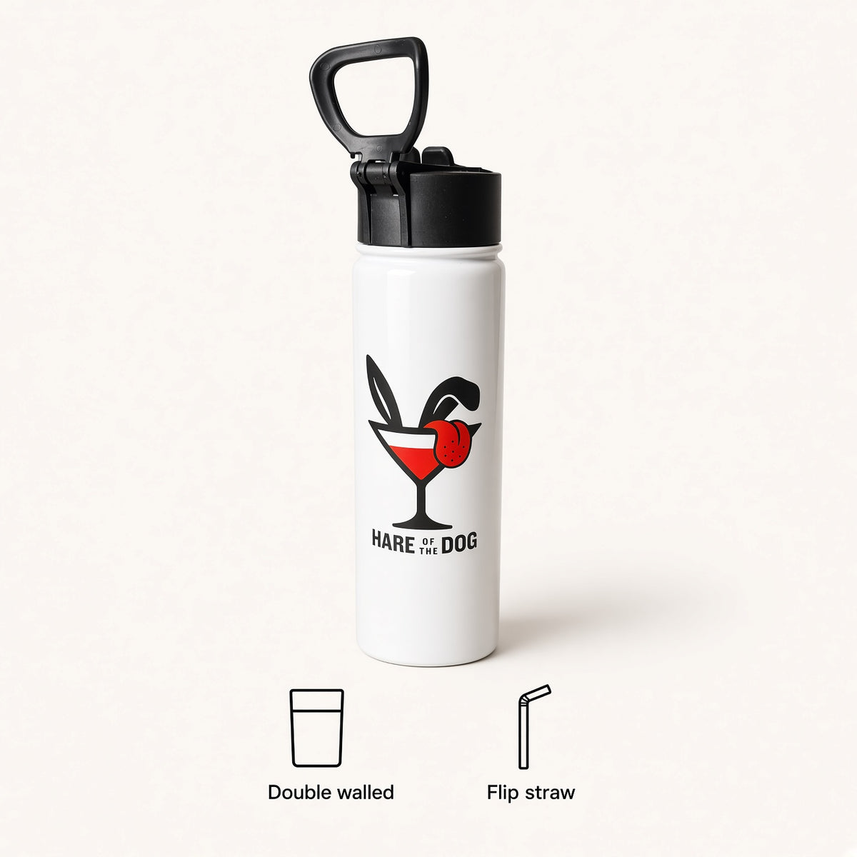 White double-sided Hare of the Dog insulated water bottle with flip-top straw lid and carry loop