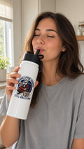 White double-sided Hare of the Dog insulated water bottle with flip-top straw lid and carry loop