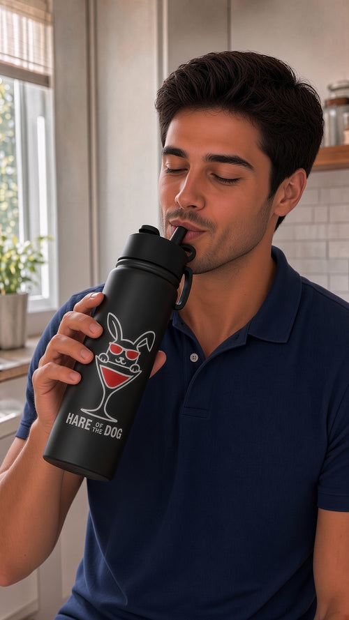 Black Hare of the Dog insulated water bottle with flip-top straw lid and carry loop