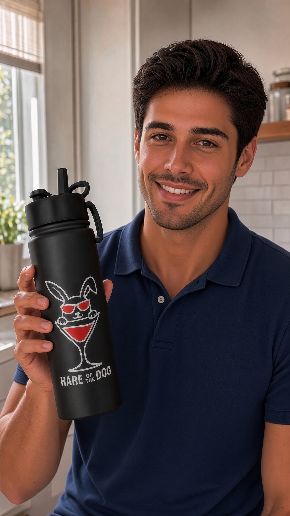 Black Hare of the Dog insulated water bottle with flip-top straw lid and carry loop
