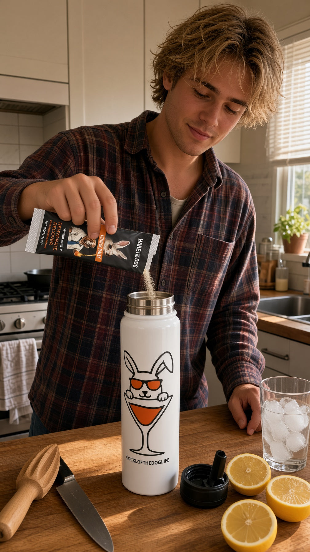 White Hare of the Dog insulated water bottle with flip-top straw lid and carry loop