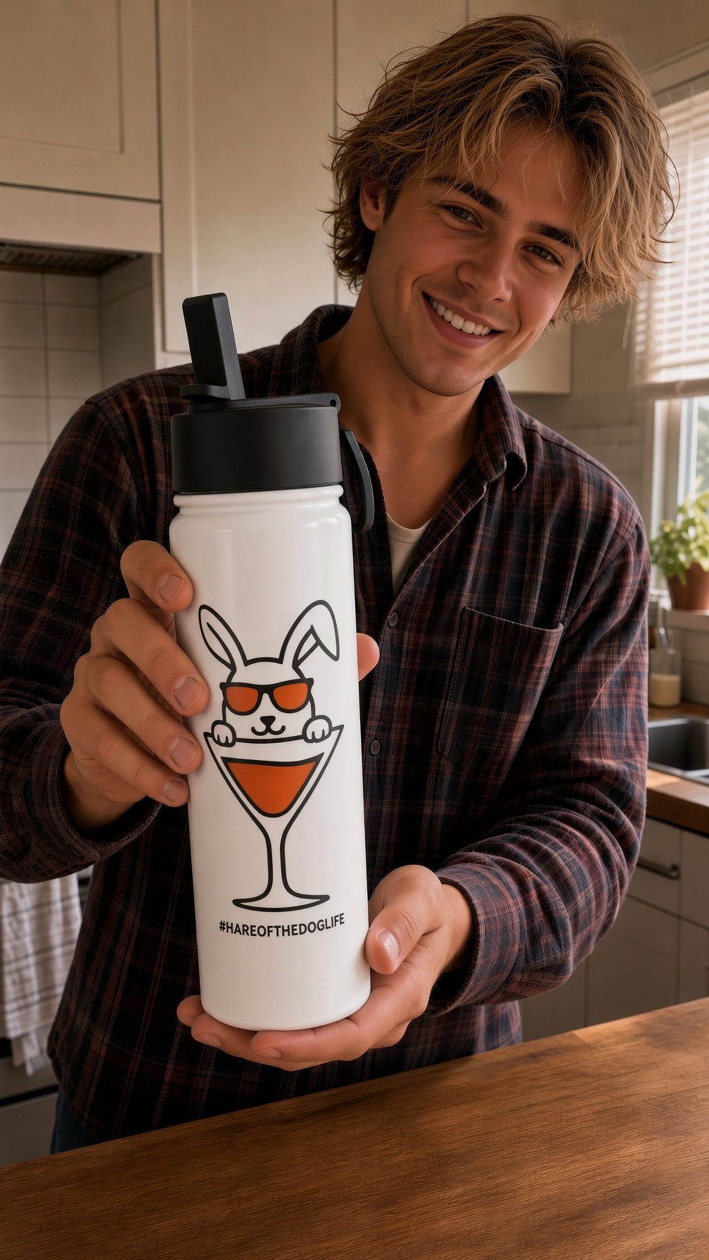 White Hare of the Dog insulated water bottle with flip-top straw lid and carry loop