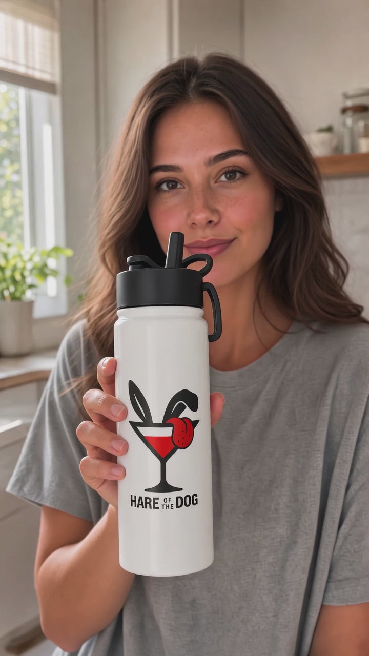 White double-sided Hare of the Dog insulated water bottle with flip-top straw lid and carry loop