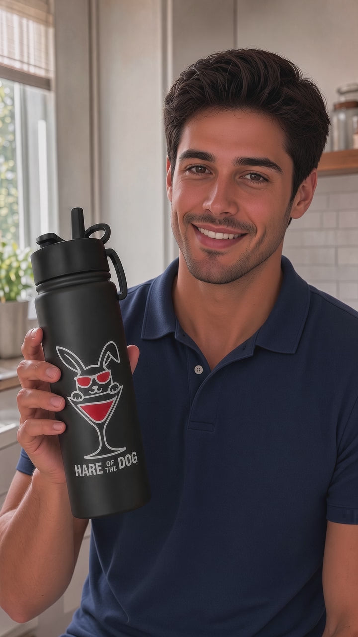 Black Hare of the Dog insulated water bottle with flip-top straw lid and carry loop